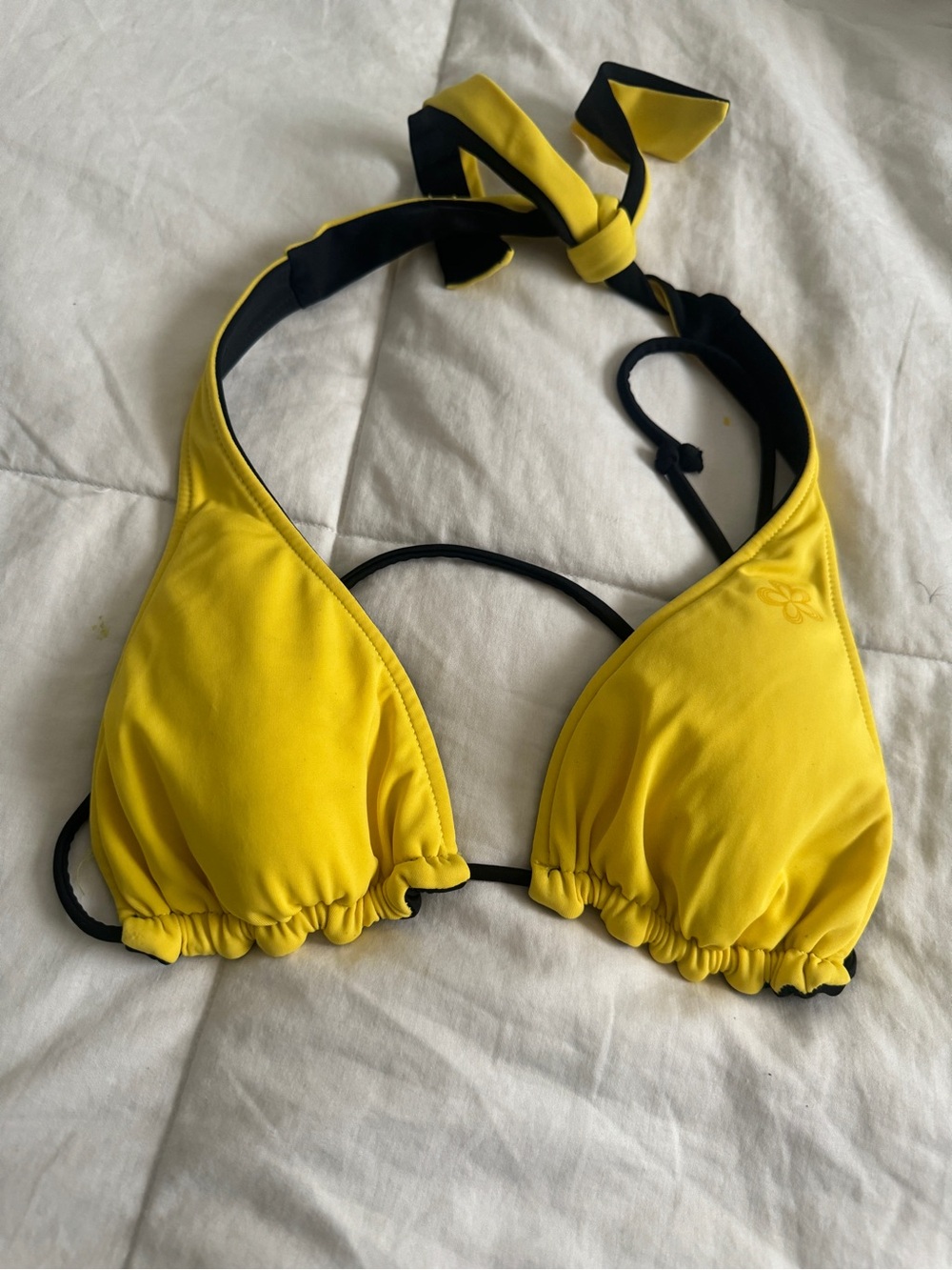 Yellow reversible Triangle Halter Bikini Top with Black Trim